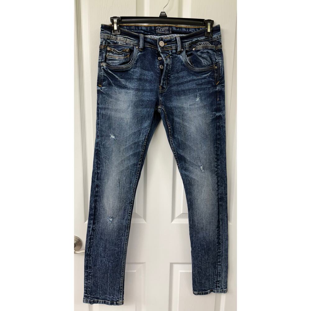 Alcott Men's distressed stone wash blue denim buttonfly jeans